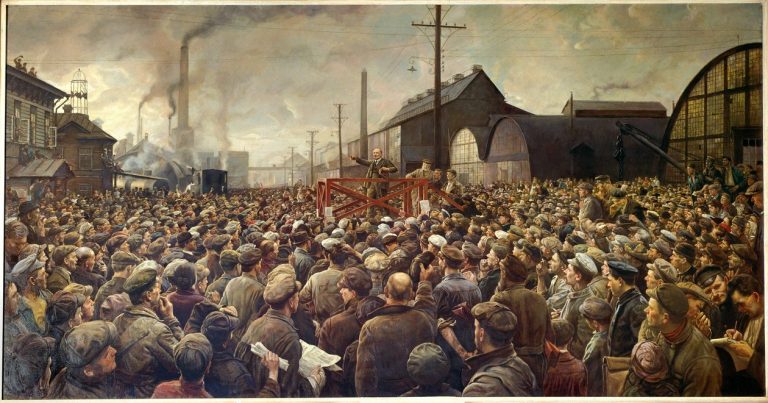 Isaak_Israilevich_Brodsky_-_Russian_Revolution_of_1917_Lenin_speaking_to_the_workers_of_the_Putilov_factory_-_(MeisterDrucke-1022660)